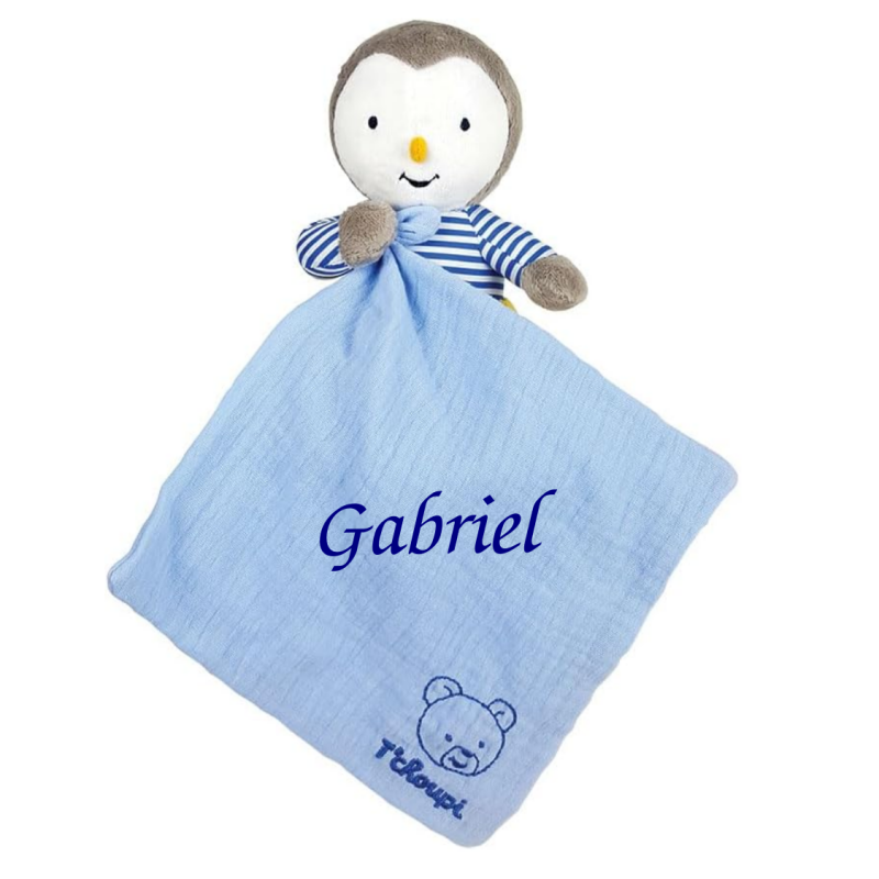  - tchoupi plush with comforter muslin blue 34 cm 